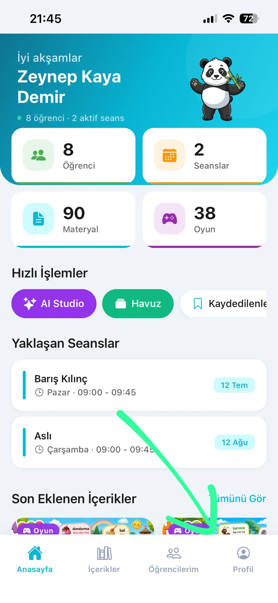 Bambo uygulamasında Profil sekmesine geçiş