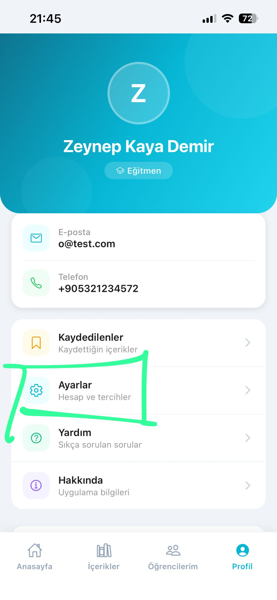 Bambo profil ekranında Ayarlar bölümü