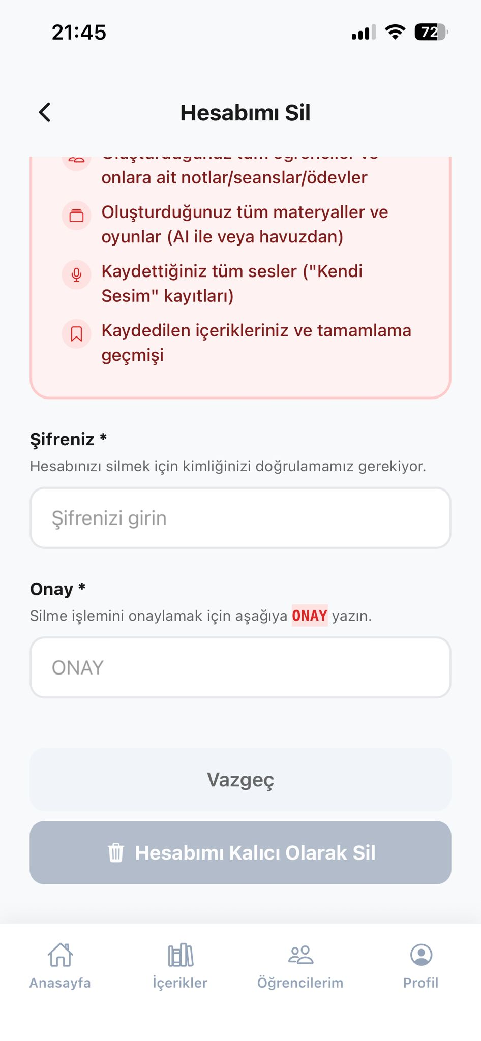 Bambo hesabımı sil onay ekranı